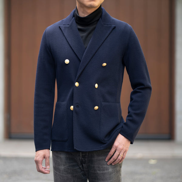 【9/30（火）19:00販売開始予定】ウールニット テーラード ダブルジャケット ネイビー