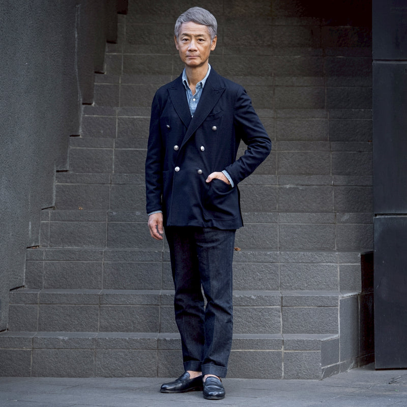 ウールジャージ ダブルブレストジャケット ネイビー